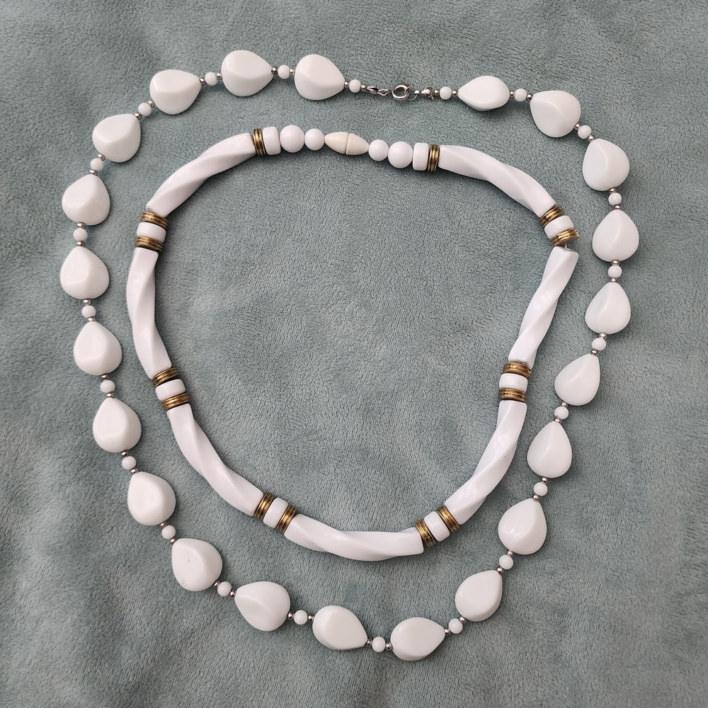 2 Elegant Chunky White Beaded Necklaces
